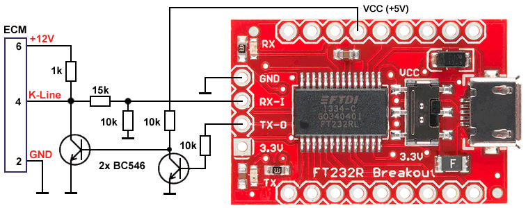 ISO14230 RS232 to K-Line Adapter circuit with FTDI chip